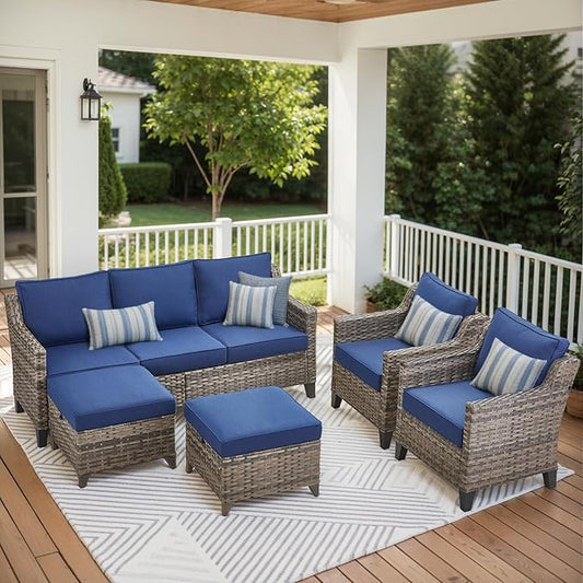Patio Furniture Set, 5 Pieces Outdoor Wicker Rattan Sofa Couch with Rattan Chair, Ottomans and Comfy Cushions, All Weather Patio Conversation Sets, Suit for Porch Deck Garden