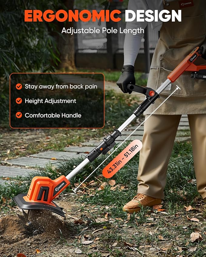 Saker 22V Cordless Electric Garden Tiller Cultivator, Rototiller for Gardening with 3 Adjustable Speed, 9-Inch Tilling Width, 6.3-Inch Depth for Soil Preparation, Weeding, and Gardening SK-TC18A