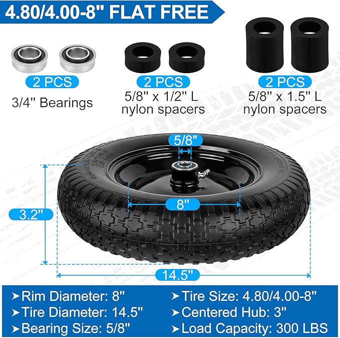 4.80/4.00-8" Flat Free Wheelbarrow Tire and Wheel, 14.5" Universal Fit Solid Tire with 5/8" or 3/4" Bearing, 3"-7" Hub, Adapter Kit Hand Truck Wheel Replacement for 3.50/2.50-8", 4.00-6"nhs etc