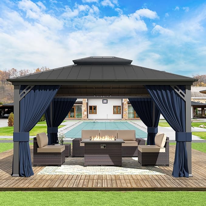 Gotland 12' x 14' Navy Hardtop Gazebo with Curtains and Netting, Double Roof Iron Metal Pergola for Patio, Garden, Lawn