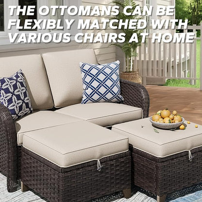 2 Pieces Patio All-Weather Wicker Ottomans with Cushions, PE Rattan Outdoor Conversation Furniture Set for Backyard, Deck, Lawn (Beige)