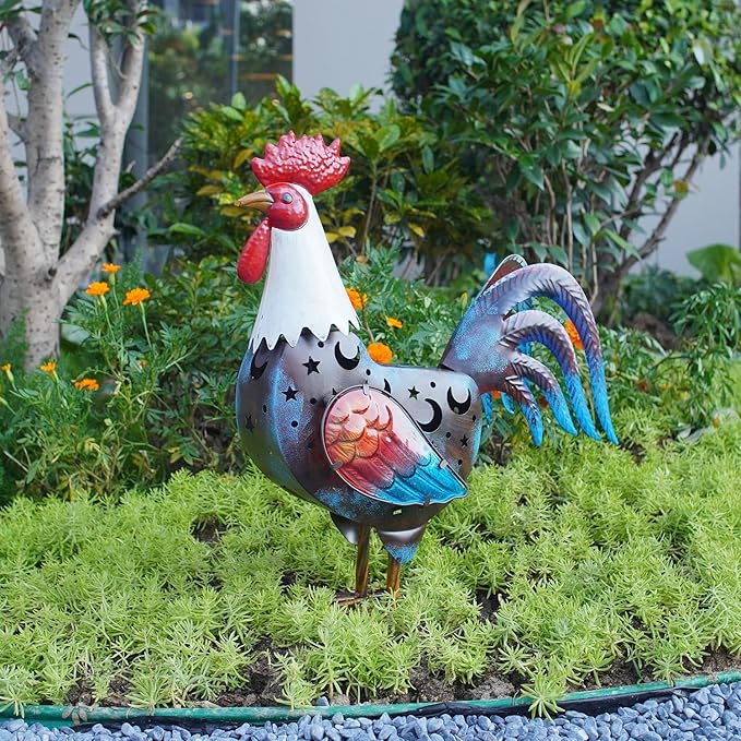 LIFFY Metal Rooster Yard Decor,18" Solar Rooster Outdoor Decor with LED Lights,Chicken Home Decorative Ornaments,Garden Statues for Outside Patio Backyard Landscape Lawn