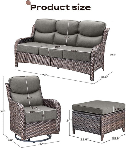 Rilyson Wicker Outdoor Patio Furniture Set - 5 Piece Patio Conversation Sets with Swivel Rocker Chairs, Ottomans and Sofa, 6 inch Cushions, Waterproof Wicker, for Porch Deck Brown/Grey