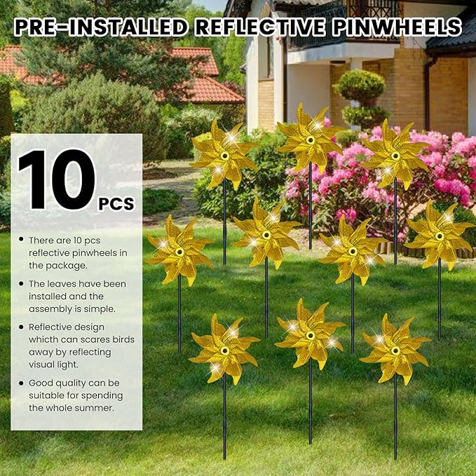 10 PCS Reflective Pinwheels for Yard and Garden Bird Devices Pre-Installed Sparkly Wind Spinner Deterrent to Scare Birds Away from Yard Patio Farm (Yellow)