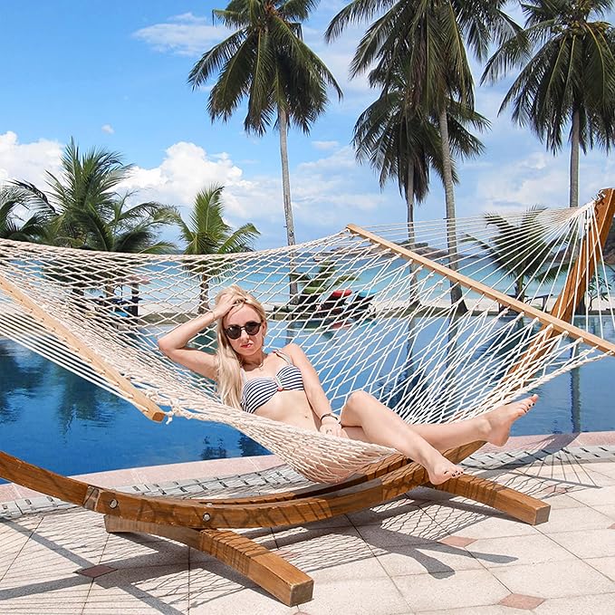 Lazy Daze Hammocks 12 FT Double Rope Hammock and 13 FT Brown Wooden Arc Stand, 2 Person Hand Woven Cotton Hammock with Spreader Bar for Outdoor Patio Poolside, 450 lb Capacity, Natural