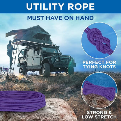 TECEUM Cotton Rope 3/16” (5 mm) – 100 FT – Strong All-Purpose Braided Rope – Natural Cotton – for Crafting, Сamping, Clothes Line, DIY, Indoor & Outdoor Use – Purple