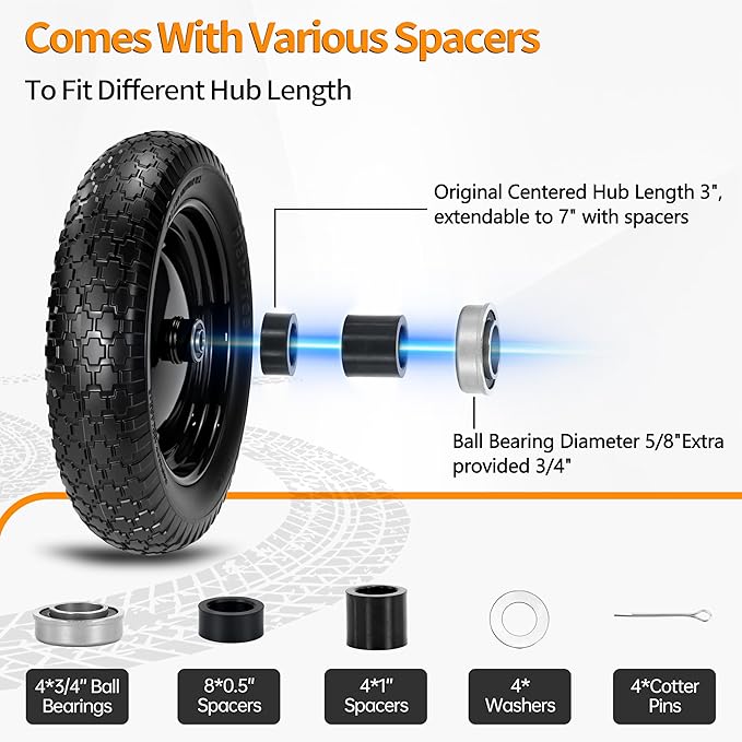 2 PCS 4.80/4.00-8 Flat Free Tire and Wheel, 14.5 Solid Wheelbarrow Tires, 5/8" 3/4" Bearings，3"-7" Centered Hub for Hand Truck, Garden Cart, Universal Fit 4.80/4.00-8, 3.50/3.00-8 4.00-6 etc