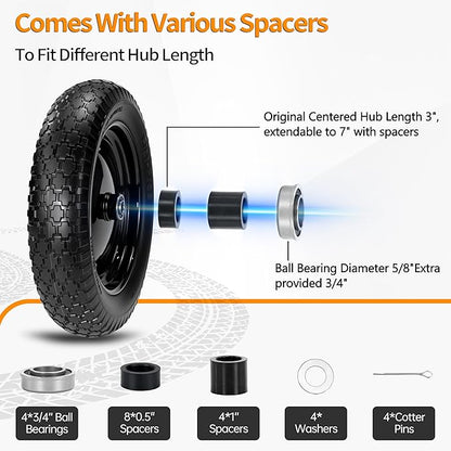 2 PCS 4.80/4.00-8 Flat Free Tire and Wheel, 14.5 Solid Wheelbarrow Tires, 5/8" 3/4" Bearings，3"-7" Centered Hub for Hand Truck, Garden Cart, Universal Fit 4.80/4.00-8, 3.50/3.00-8 4.00-6 etc