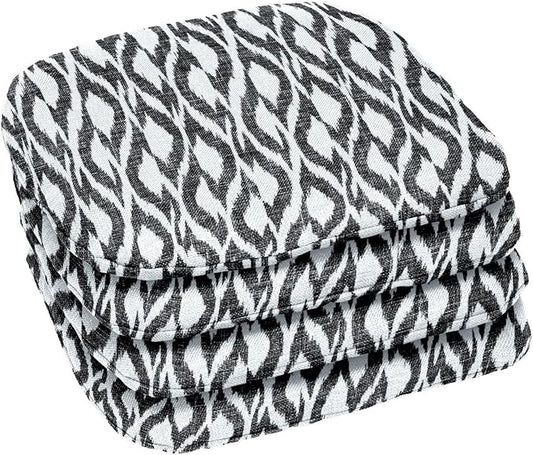 BrylaneHome Indoor/Outdoor Chair Pads (Set of 4) - 16" L x 15.6" W - Water, Stain & Fade Resistant - Black Ikat