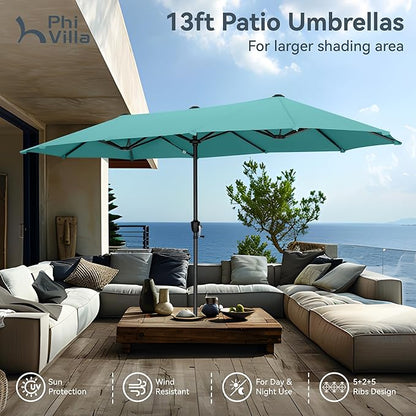 PHI VILLA 13ft Large Patio Umbrellas, Double-Sided Outdoor Market Rectangle Umbrella for Outside, Turquois