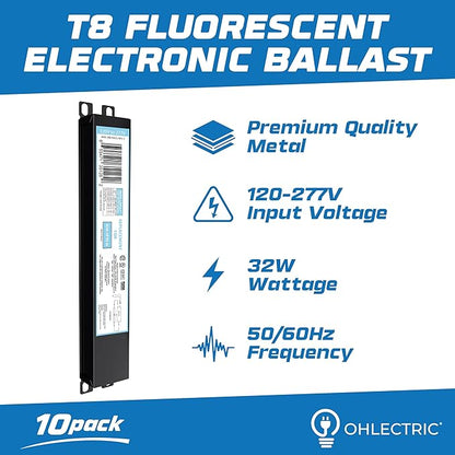 OHLECTRIC 10 Pack - Replacement for ICN1P32-SC 1 Lamp - T8 Fluorescent Ballast, Electronic Ballast Replacement 120-277 Volt, Instant Start - Standard and Energy Efficient Ballasts - UL Approved