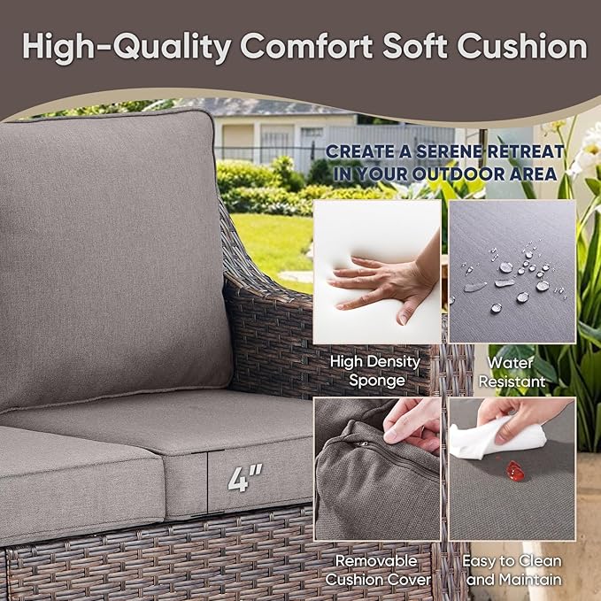 4 Piece Patio Furniture Set-Outdoor Rattan Wicker Sofa with Patio Chairs Outdoor Furniture for Porch Garden Backyard Poolside-Brown/Grey