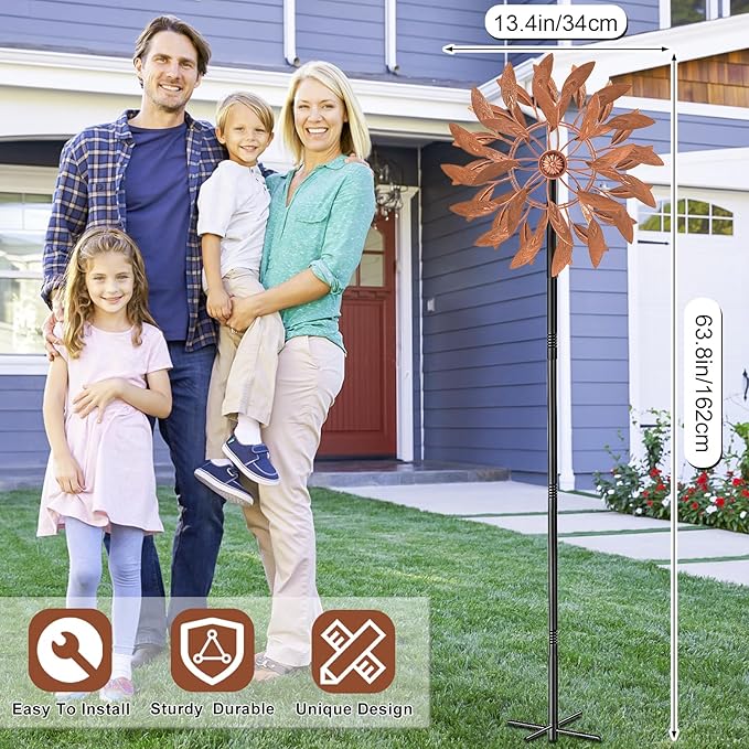 Metal Outdoor Wind Spinner, 2-Way Wind Sculpture Spinner with Metal Stake, Waterproof 360 Degrees Kinetic Windmill Art Decoration for Patio Garden Lawn (Rust)