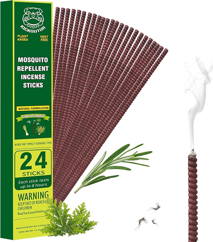 KICKOUTOR® Mosquito Incense Sticks with Natural Citronella Oil, 24 Count Indoor Outdoor Mosquito Repellent for Patio Camping Backyard, 8-Hour DEET-Free No-See-ums Bug Protection Each