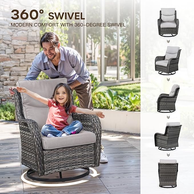 Patio Swivel Chairs with Smile-Shaped Cushions, 3 Piece High Back Patio Swivel Glider Chairs with Side Table 3PCS PE Rattan Luxury Swivel Patio Chairs Set Grey Wicker | Beige Cushions
