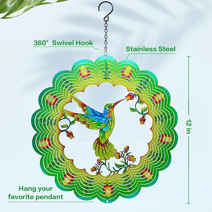 Hummingbird Wind Spinners Hummingbird Gifts for Women/Men 12 inch 3D Stainless Steel Hanging Wind Spinner Metal Bird Wind Catchers Kinetic Sculpture for Indoor/Outdoor Decor,Yard Art,Garden Decoration