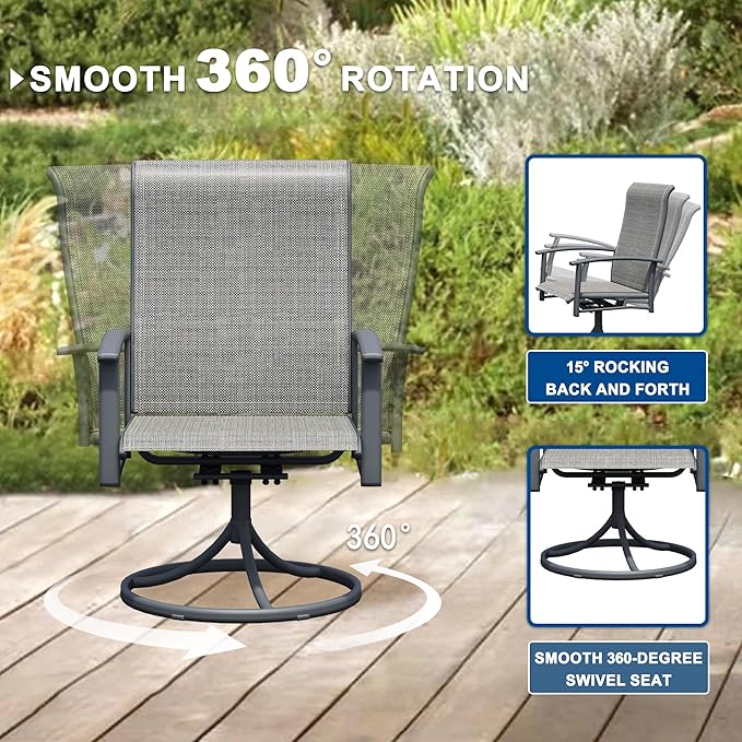 Patio Swivel Chairs Set of 2, Outdoor Swivel Chairs with Armrest, High Back Patio Chair with Metal Frame, All-Weather Outdoor Dining Chair for Deck, Porch and Lawn, Grey