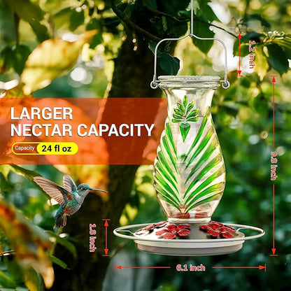 Hummingbird Feeder for Outdoors, 24oz Glass Nectar Feeder with Perch & 5 Flower Feeding Ports, Leakproof Hanging Bird Feeder for Garden Yard Decor, Outside Gifts for Women & Mom, Spring Green