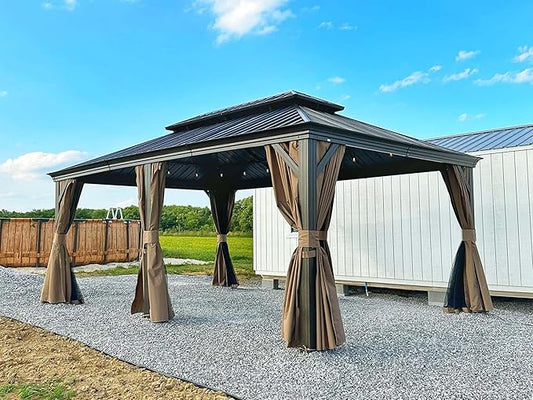 12' x 20' Hardtop Gazebo Outdoor Aluminum Gazebos with Galvanized Steel Double Canopy for Patios Deck Backyard,with Curtains&Netting by domi outdoor living