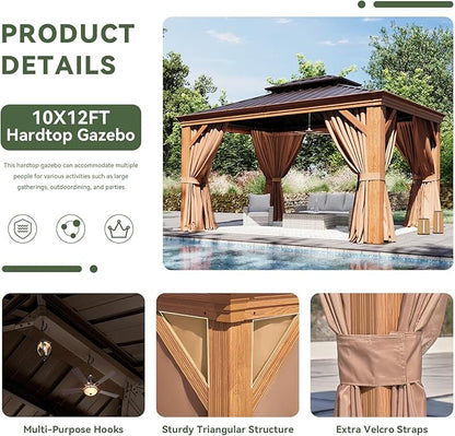Aoxun 10' x 12' Hardtop Gazebo, Wooden Finish Coated Aluminum Frame Canopy, Galvanized Steel Double Top, Outdoor Permanent Metal Pavilion with Curtains and Netting, for Backyard, Patio and Deck