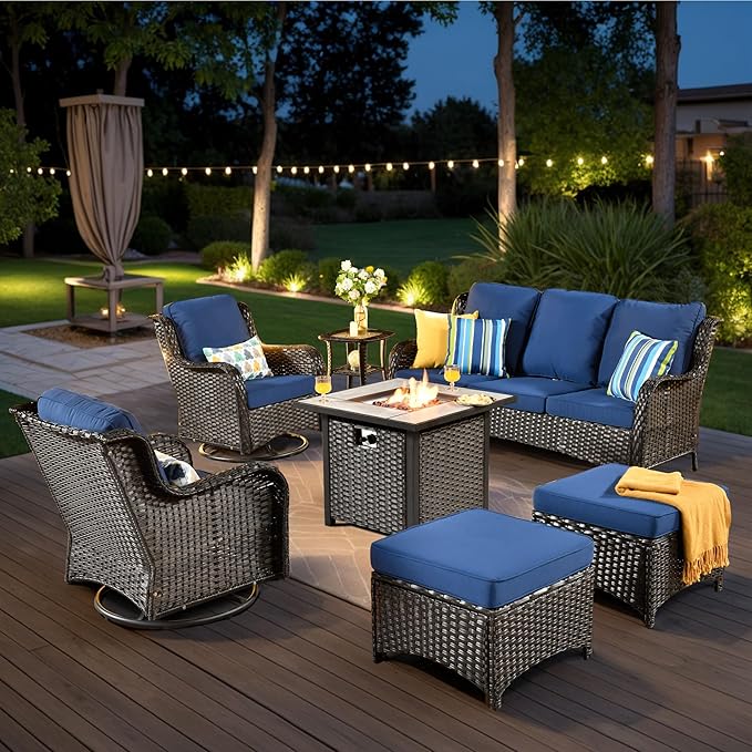 HOOOWOOO Patio Furniture Set,7 Piece Outdoor Furniture Set with Fire Pit Table,Wicker Patio Conversation Couch Swivel Chairs Ottoman Set,Navy Blue
