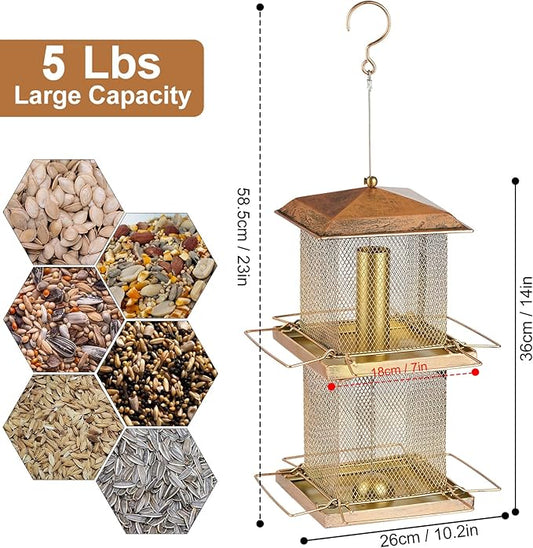 Large Bird Feeder, Double Tier Metal Bird Feeders for Outdoors, Square Tower Birdfeeder for Decorating Courtyard, Garden, Birds Watching, Gifts