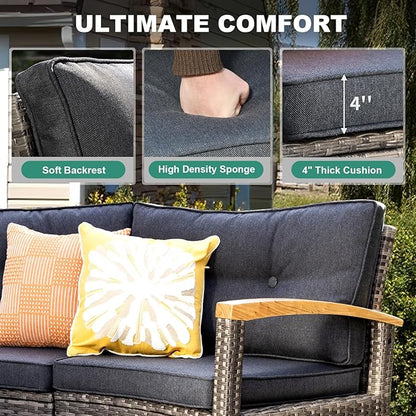 MEISSALIVVE 9 Piece Outdoor Patio Furniture Set, Half-Moon Curved Sectional Sofa Rattan Conversation Set with Wood Armrests, Coffee Table & Side Table（Grey）