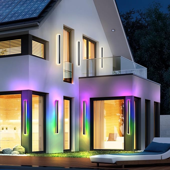 2 Pack Outdoor RGB Long Wall Lights, 31.4inch Wall Lights RGB/Warm/White Dimmable Modern Led Wall Lighting, Ip65 Waterproof Wall Sconce with Remote APP Control for Outdoor/Indoor Party Gathering