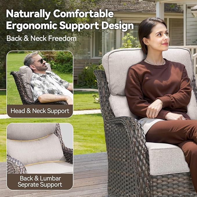 HUMMUH Outdoor Patio Wicker Swivel Rocker Chairs with 6-Inch Thick Cushion High Back 3 PCS Wicker Conversation Set for Porch Balcony Deck