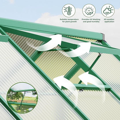 8x10 FT Outdoor Greenhouse, Polycarbonate Greenhouse with Roof Vent and Ground Nails, Aluminum Large Walk-in Green House w/Lockable Push Door for Outside Garden Backyard (Green, 8x10 FT)