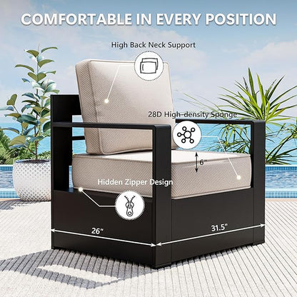 Outdoor Patio Furniture Aluminum Patio Chairs, All-Weather Metal Outdoor Chair with 6 Inch Thick Cushions, Deep Setting for Garden, Outside and Porch