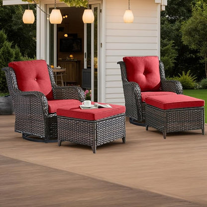 HUMMUH 4 Piece Outdoor Patio Furniture Set Wicker Conversation Bistro Set Swivel Rocker Chairs with 2pcs Ottomans for Backyard, Porch, Balcony