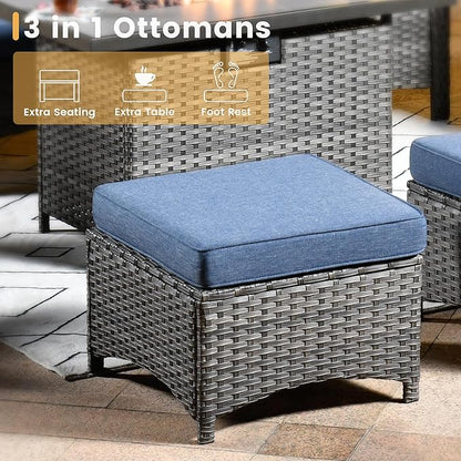 HOOOWOOO Patio Furniture Set,7 Piece Outdoor Furniture Set with Fire Pit Table,Wicker Patio Conversation Couch Swivel Chairs Ottoman Set,Denim Blue