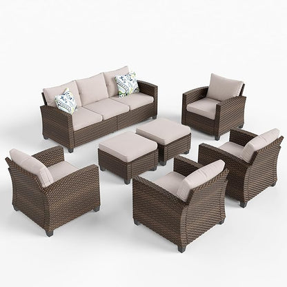 HERA'S HOUSE Wicker Patio Furniture Set, 7 Pieces Outdoor Seating Furniture, Patio Conversation Sofa Sets with Ottomans for Backyard Lawn Deck, Beige