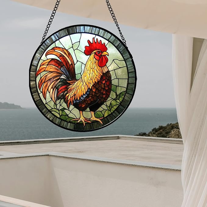 Stained Glass Window Hanging - Rooster Suncatcher for Doors Garden Patio Retro Colored Chicken Sun Catchers Decor Christmas Mother's Day Birthday Gifts for Women Men Mom Nana Friend 6.3 in
