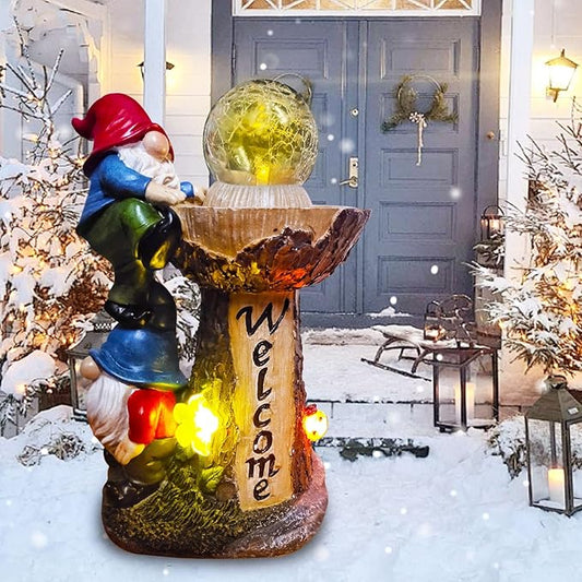 Garden Gnome Statues, Garden Statues for Outside with Solar LED Lights,10.4 in Funny Double Gnomes Sculptures Outdoor Decorations for Yard, Ideal Gnomes Gifts for Women/Grandma/Mom