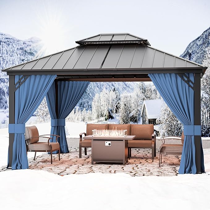 12’x14’ Hardtop Gazebo Outdoor Aluminum Frame Permanent Gazebo Galvanized Steel Double Roof Pergola with Nettings and Curtains for Patio, Lawns,Backyard, Deck(Navy)