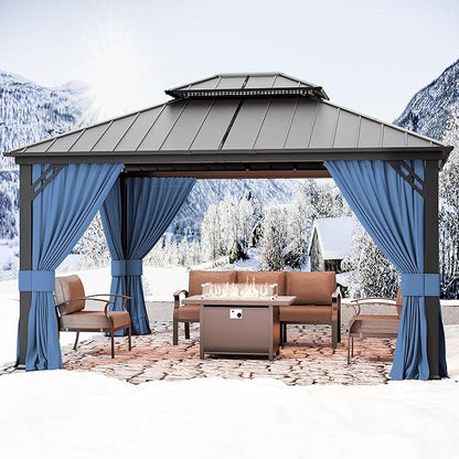 12’x14’ Hardtop Gazebo Outdoor Aluminum Frame Permanent Gazebo Galvanized Steel Double Roof Pergola with Nettings and Curtains for Patio, Lawns,Backyard, Deck(Navy)