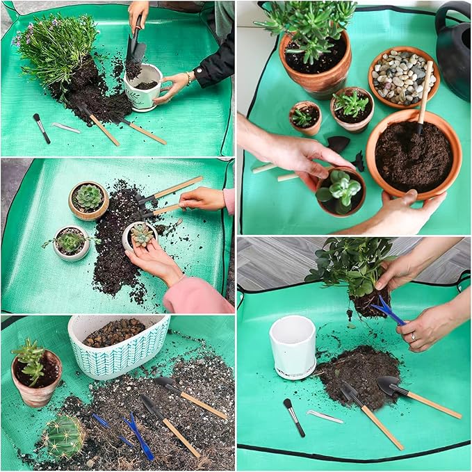 Plant Repotting Mat for Garden, 2 Pcs Waterproof Foldable Indoor Plant Mat Portable Square Gardening Mat Potting Tray with 6 Pcs Mini Garden Tools Set for Plant Lovers Gardening Gifts