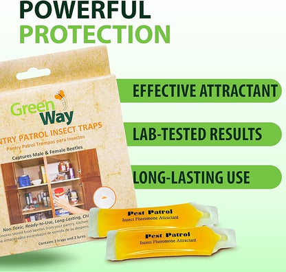 Greenway Pantry Patrol Traps, Non-Toxic Pantry Moth and Insect Control, Gel-Based for Flour Beetles, Grain Storage, and Kitchen Use, 2 Packs (Includes 4 Traps and 4 Lures)