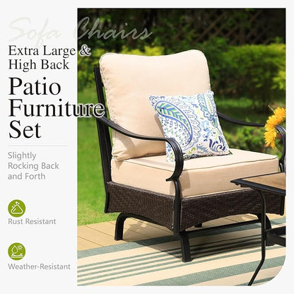 Sophia & William Metal Patio Furniture Set, 7 Seats Outdoor Conversation Set with 3-Seater Sofa, 2 Motion Chairs, 2 Ottoman, 1 Coffee Table for Seating Lawn Porch Backyard,Beige