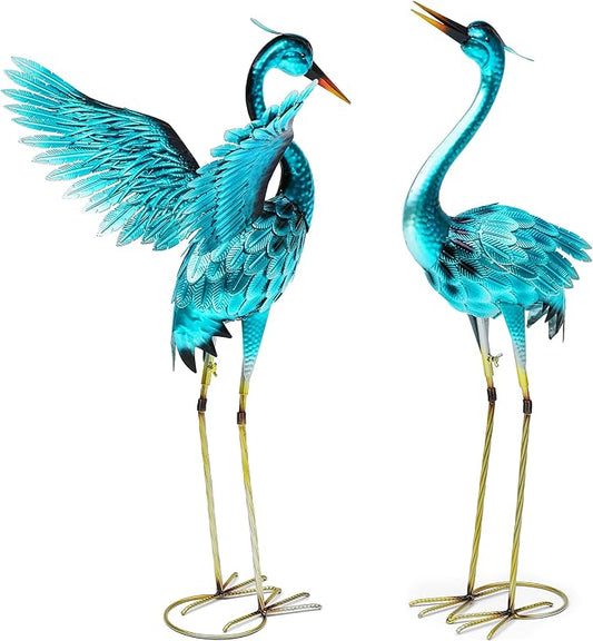 36.75" Metal Crane Garden Statue, Handcrafted Oversized Blue Heron Decor Sculptures with Stable U-Ground Stakes, Backyard Decoration, Metal Garden Bird Animal Yard Art, Lawn Ornament Decor
