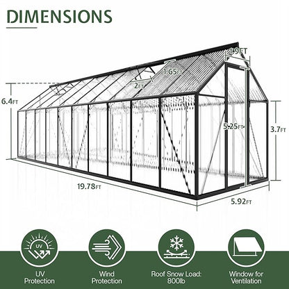 Jocisland 6x20Ft Polycarbonate Greenhouses for Outdoors, 2 Top-Opening Windows, Swing Doors, Aluminum Walk-in Heavy Duty for Outdoor Use, Backyard Garden, Black