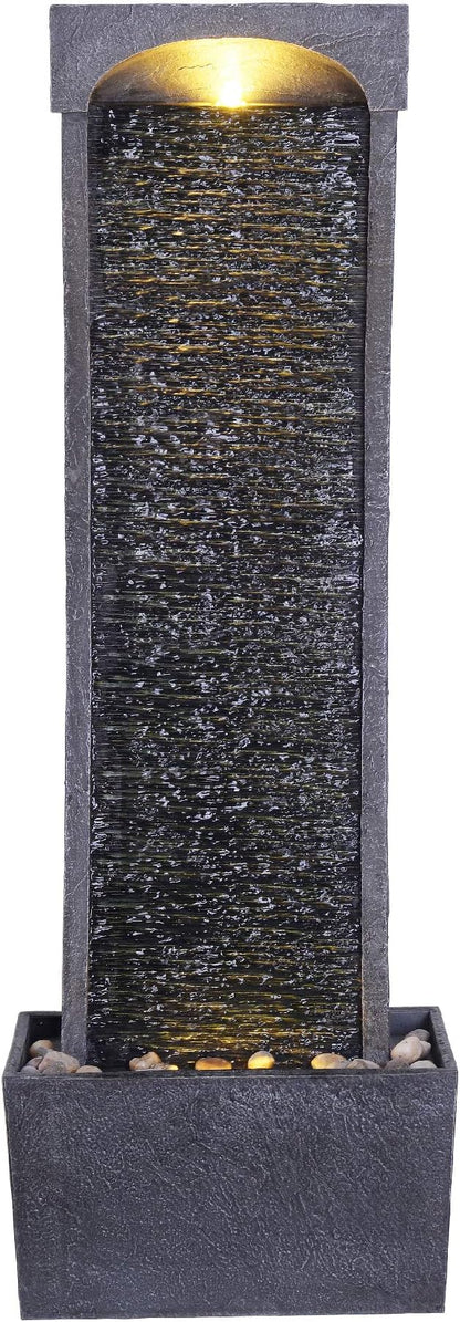 Teamson Home 38.58 in. Modern Curved Faux Slate Waterfall Fountain for Indoors or Outdoors with LED Light Accents and 1.98-Gallon Pump, Black and Stone Gray