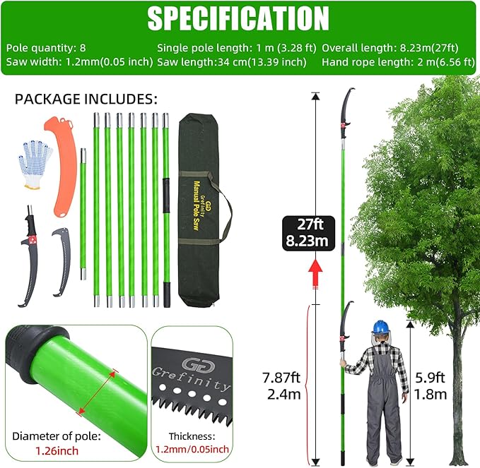 27FT Manual Pole Saw, Tree Branch Trimmer with 8-Section Fiberglass Handle, Sharp Steel Blade, Lightweight Extendable Design for High Branch Trimming, Ideal for Palms and Shrubs