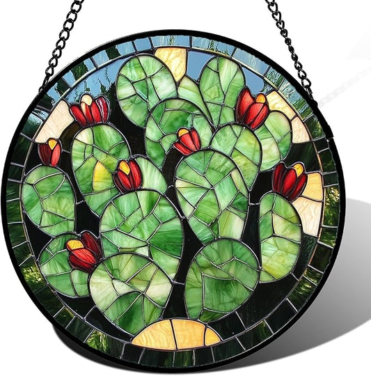 Stained Glass Window Hanging - Green Cactus Suncatcher for Doors Garden Patio Retro Plants Sun Catchers Decor Christmas Mother's Day Birthday Gifts for Women Men Mom Nana Friend 15 in