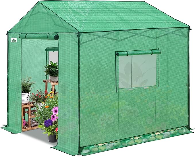 EAGLE PEAK 8x8 Portable Pop Up Greenhouse, Patented Center Lock Easy One Person Setup, Walk-in Outdoor Greenhouse with Gable Roof, Weight Bags, Zippered Doors & Windows, Green
