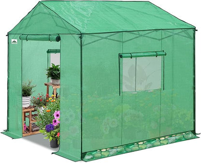 EAGLE PEAK 8x8 Portable Pop Up Greenhouse, Patented Center Lock Easy One Person Setup, Walk-in Outdoor Greenhouse with Gable Roof, Weight Bags, Zippered Doors & Windows, Green