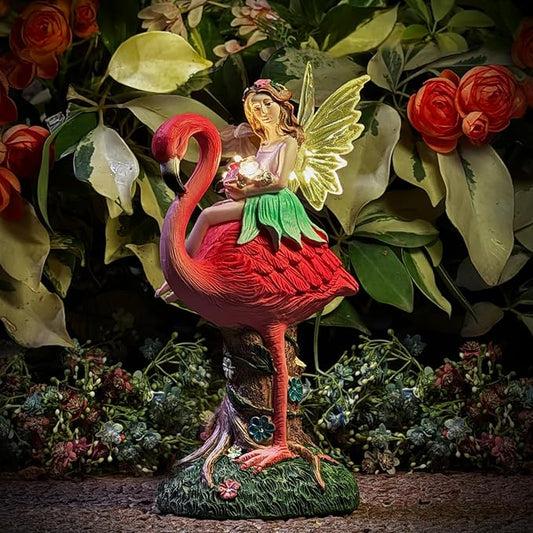 Solar Fairy & Flamingo Garden Decor Statue, Outdoor Funny Solar Light Decoration for Yard, Patio, Lawn, Unique Housewarming, Birthday Gift for Women, Mom, Grandma