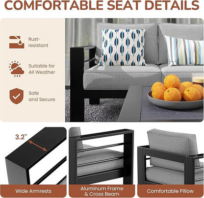 Solaste Aluminum Patio Furniture Set, 5 Seats Modern Outdoor Conversation Set Sectional Sofa with Upgrade Cushion and Coffee Table,Black Frame and Grey Cushion